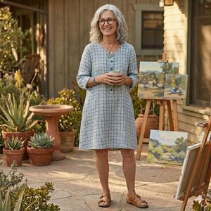 FLAX Blue Gray Check Long Sleeve Linen Midi Dress  Women's Size Petite